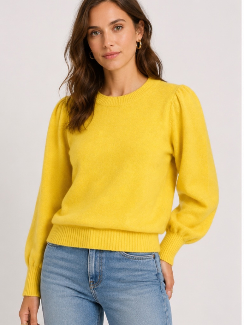 Aqua Women’s Cashmere Top Puff Balloon Long Sleeve Crew Neck Pullover Yellow-XS